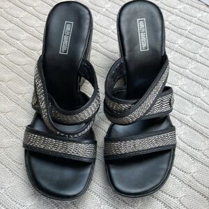 Harley Davidson black sandals open heel triple strap silver. 4.25” wedge heel.